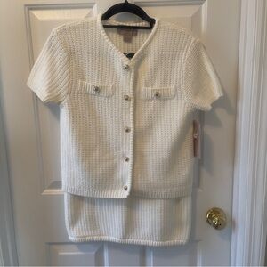 French Connection Women's Cream Knit Button-Up Sweater and Skirt set